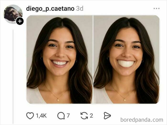 Side-by-side portraits of a woman smiling with normal and exaggerated teeth
