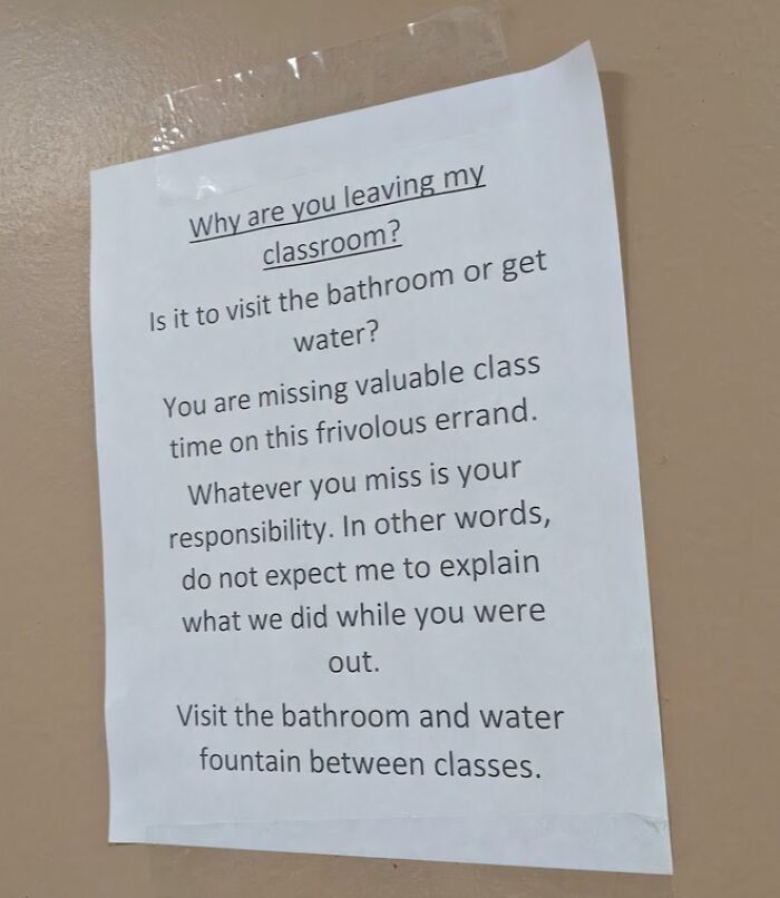 A passive-aggressive note from a teacher questioning students leaving the classroom, demonstrating a toxic teacher.