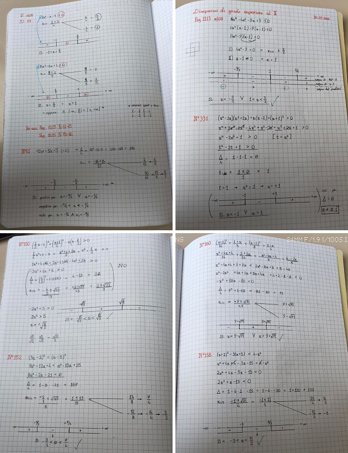 Four pages of a student's math notebook filled with complex equations and calculations, showing the work of a student under teachers.