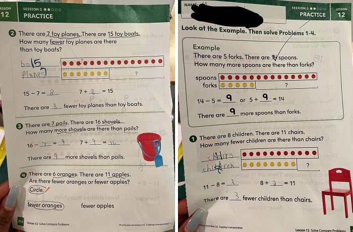 Two pages of a child's math homework with multiple incorrect answers, indicating issues with teachers.