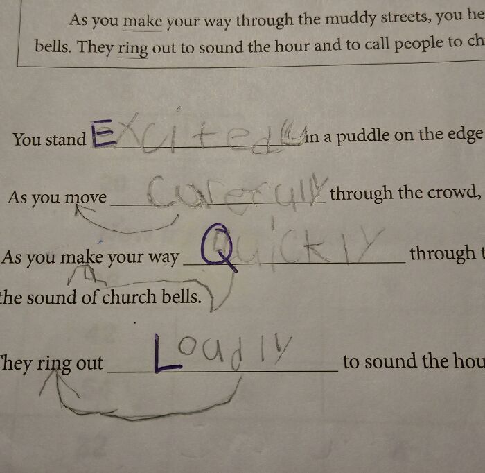 A worksheet with student answers, some corrected or circled by a teacher, reflecting the common interaction with teachers.