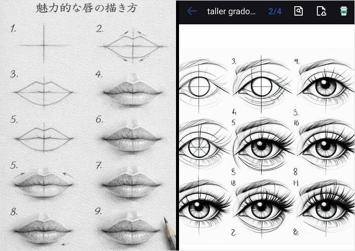 A split image showing drawing tutorials for lips and eyes, not directly related to toxic or annoying teachers, but representing student work.