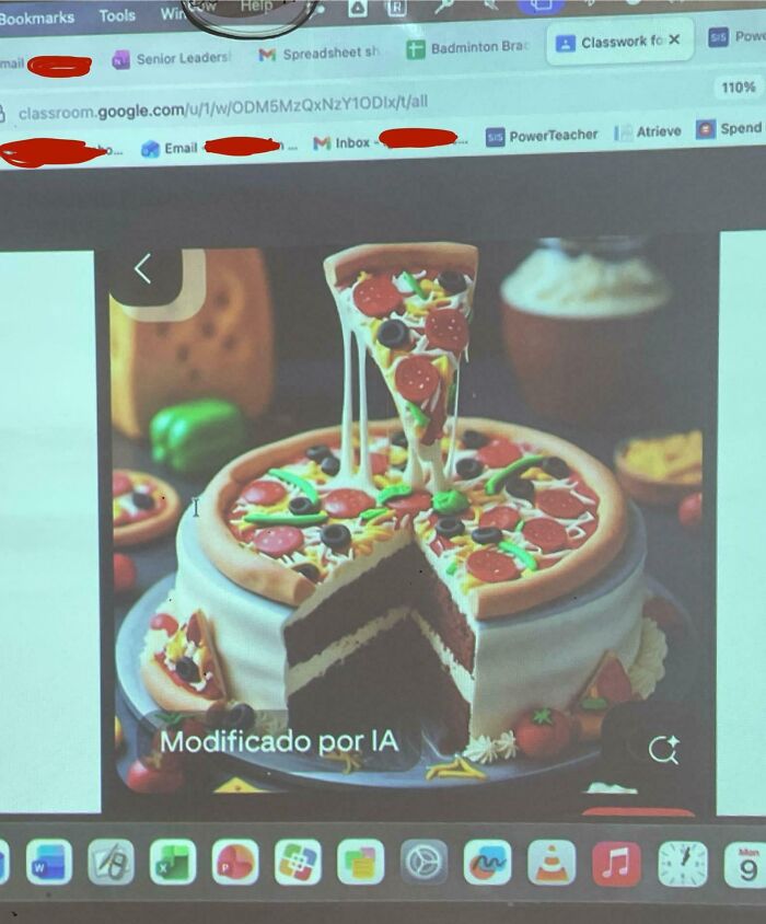 A classroom projection displaying a highly realistic pizza-shaped cake, a student's screen showing a unique dessert created by AI, by annoying teachers.