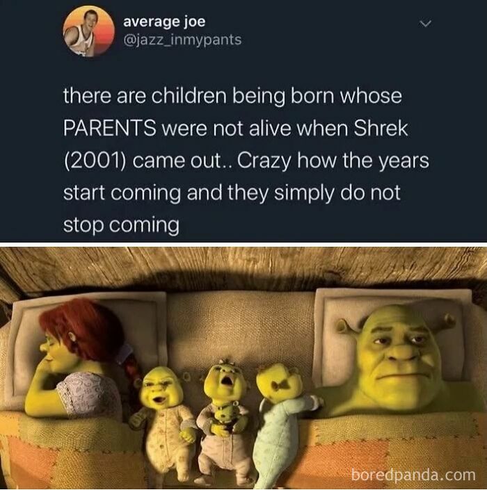 Funny meme about kids born after Shrek release with Shrek family babies in bed