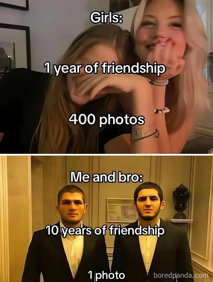 Meme comparing photos taken by girls vs bros over friendship years
