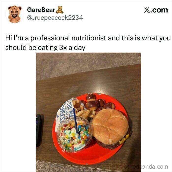 Random memes showing a funny plate of burger, fries, and dessert as nutrition advice
