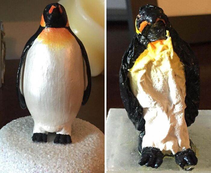 A side-by-side comparison of a pristine penguin figurine and a melted, disfigured one, symbolizing the annoyance some teachers cause students.
