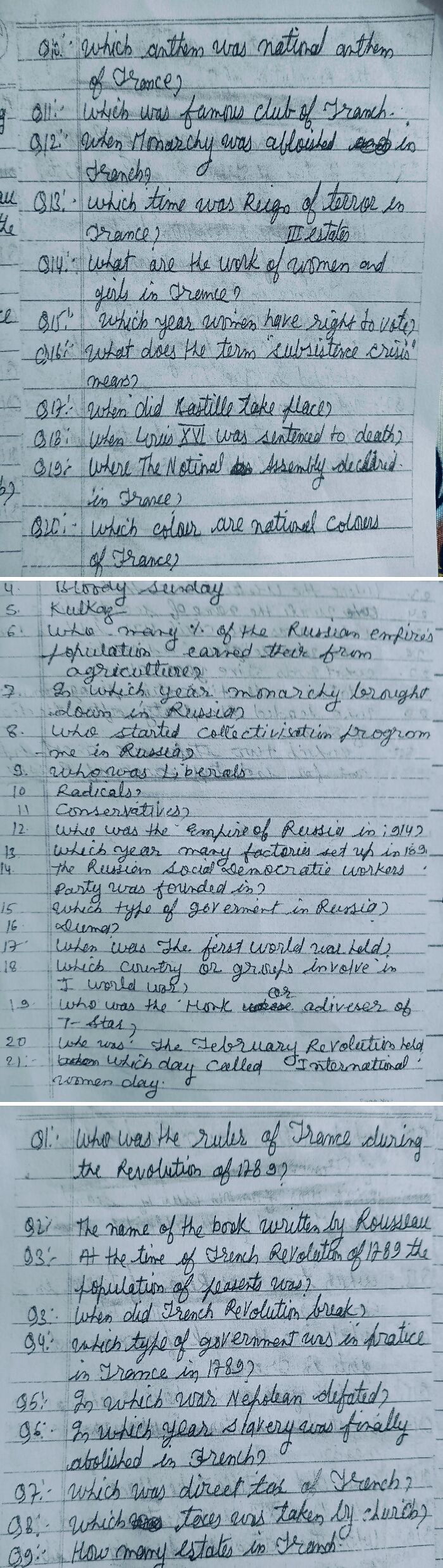 Handwritten quiz questions on history topics, possibly for students, highlighting the academic environment teachers create.
