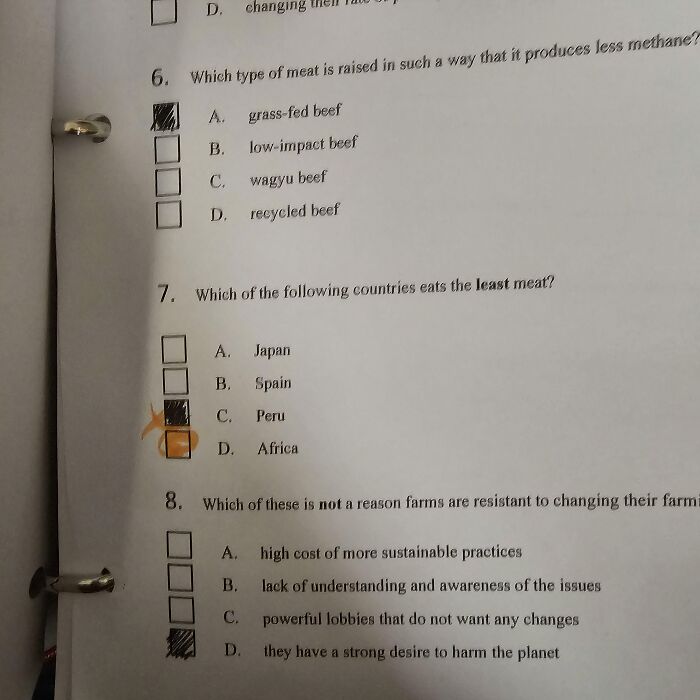 A multiple-choice test question asking students about which type of meat produces less methane and countries that eat the least meat, an example of teachers being toxic.