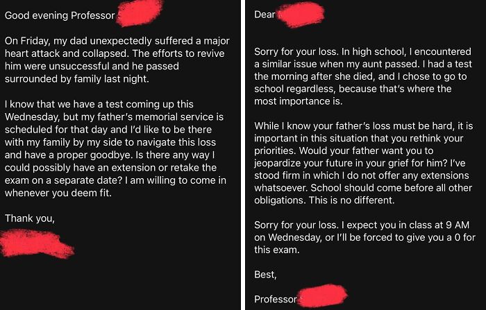 A conversation showing a student's email about a family loss and a professor's toxic and annoying response.
