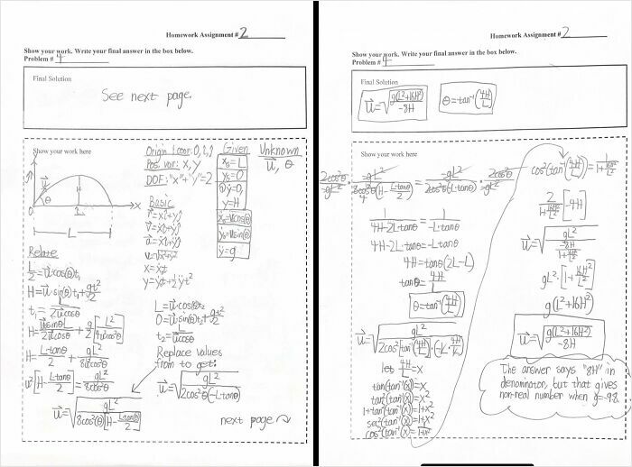 Two pages of a homework assignment with complex mathematical solutions, possibly from a toxic teacher.