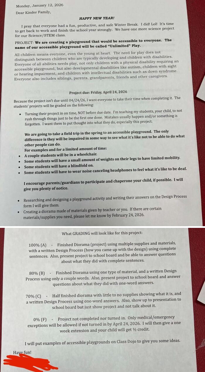 A document outlining a project to create an accessible playground, detailing expectations and grading criteria set by teachers.