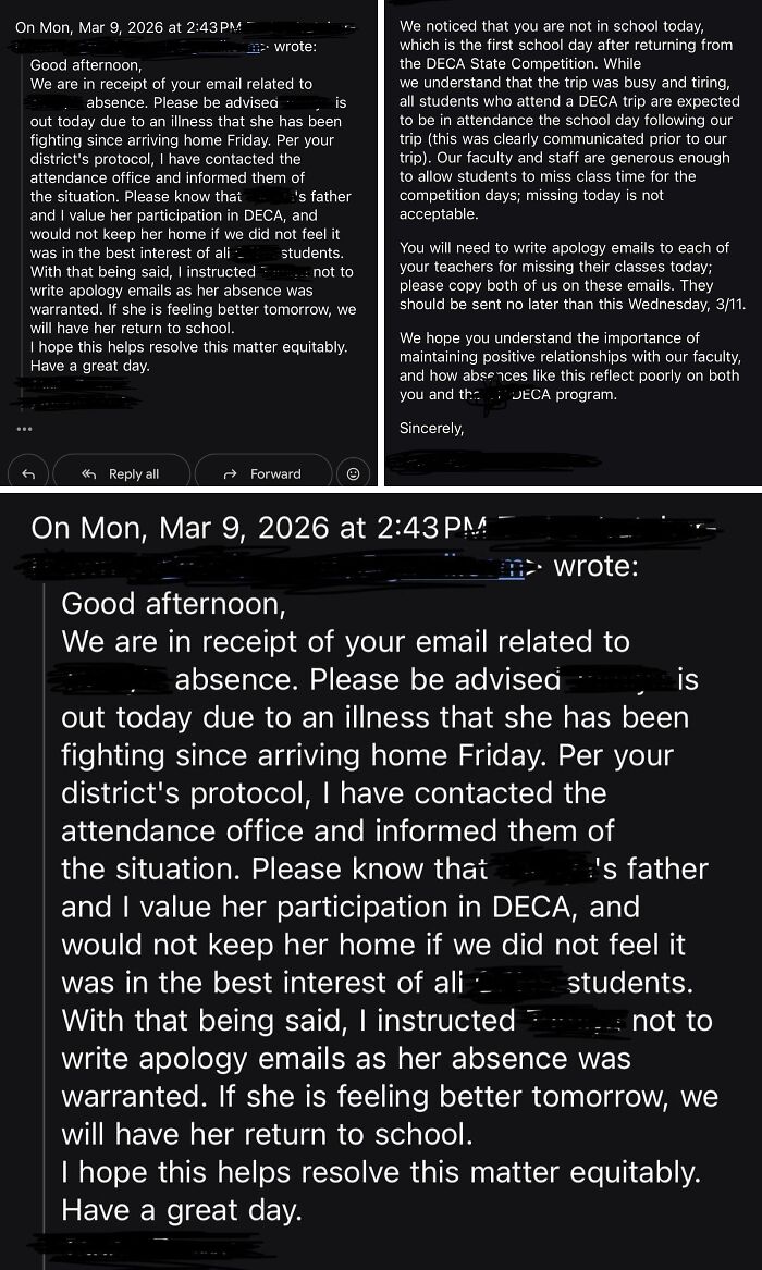 Two screenshots of emails from a teacher regarding a student's absence and a school trip, revealing potential toxic communication.