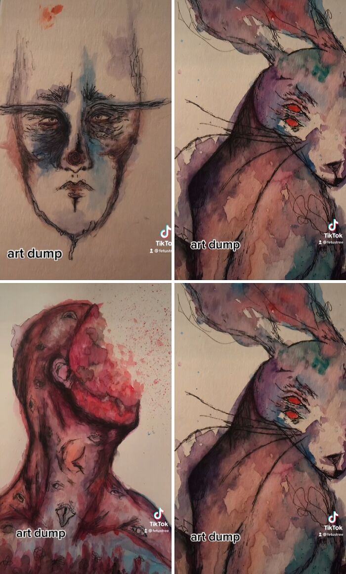 An art dump featuring various watercolor paintings, some showing faces, others showing a rabbit, hinting at toxic and annoying themes.