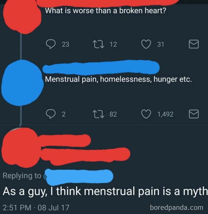 Twitter conversation dismissing menstrual pain as a myth