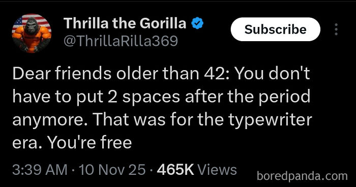 Tweet explaining two spaces after periods is outdated for typewriters