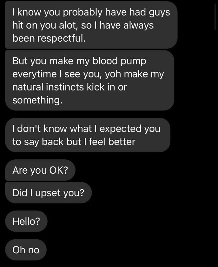 Awkward texts about respect, feelings, and confusion in a dark mode chat