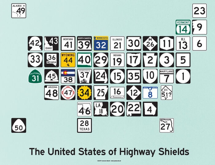 Map of United States displaying highway shields for each state