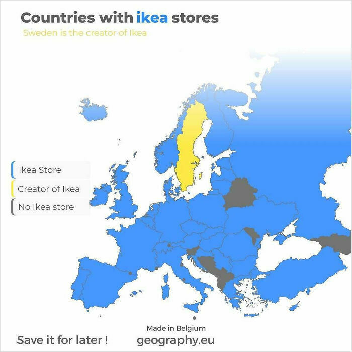 Map showing countries with Ikea stores and Sweden as Ikea creator