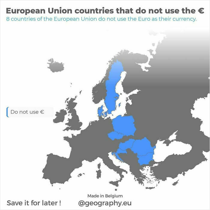 Map of EU countries that do not use the Euro as currency in blue