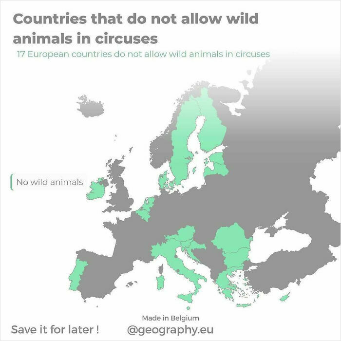 Map highlighting European countries that ban wild animals in circuses