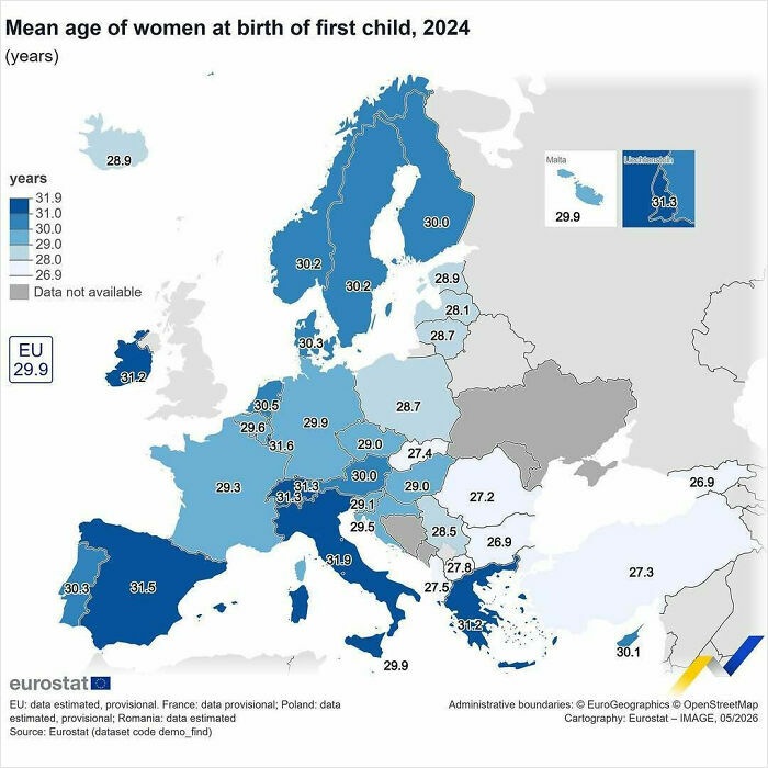 Mean age of women at birth of first child in Europe 2024 by country map
