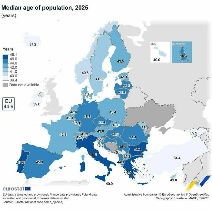 Map showing median age of population in European countries for 2025