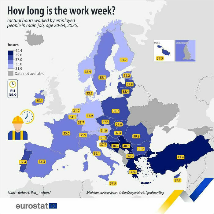 Average work week hours in Europe 2025 shown by country map