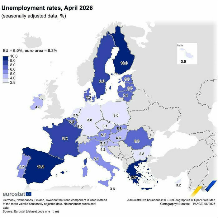 Unemployment rates across Europe forecast for April 2026 map