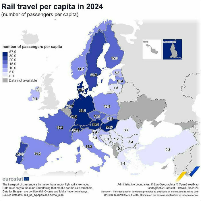 Rail travel per capita in Europe 2024 map showing passengers per capita by country