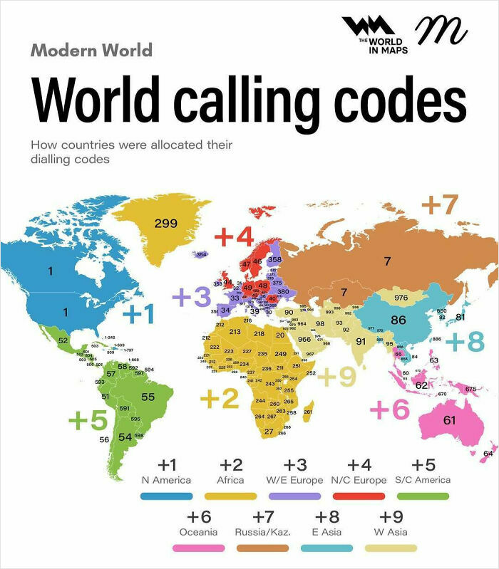 World map of calling codes showing how countries were allocated their dialing codes across continents