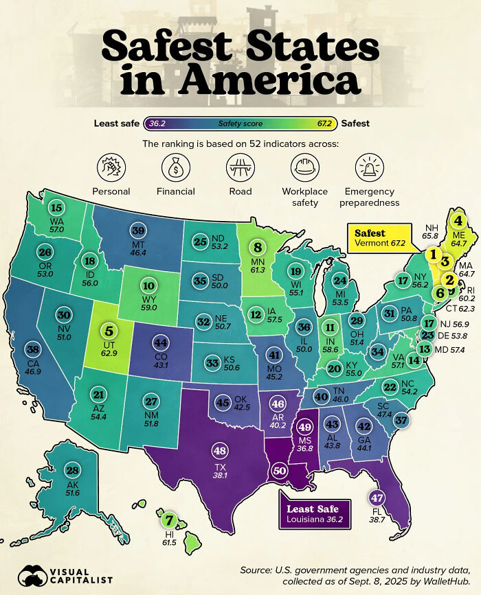 Map showing safest states in America with safety scores and ranking by indicators like personal and financial safety