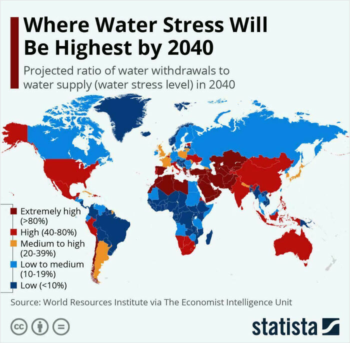 Global map showing projected water stress levels by 2040 using a color-coded scale