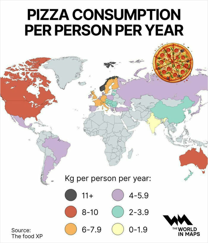 World map depicting pizza consumption per person per year by country with color legend