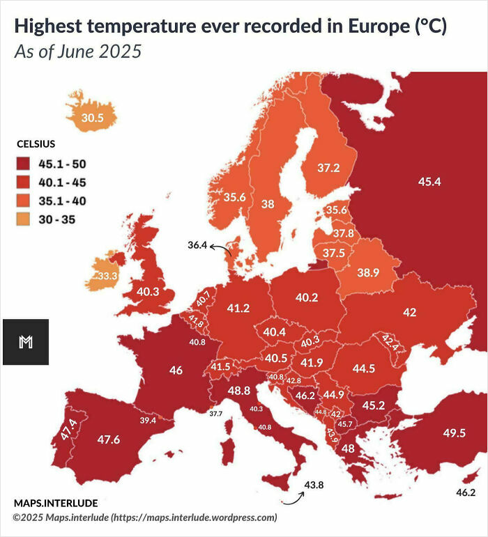 Map showing highest temperature ever recorded in Europe by June 2025 with color-coded Celsius values