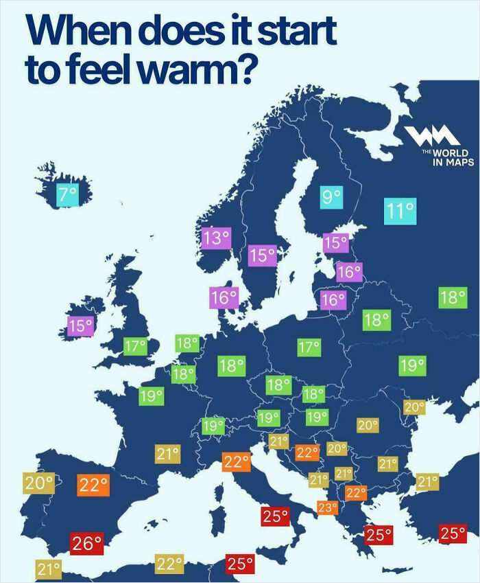 Map of Europe with temperatures indicating when it starts to feel warm in different regions