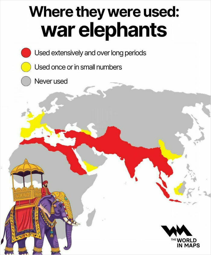 Map showing regions where war elephants were used extensively or in small numbers