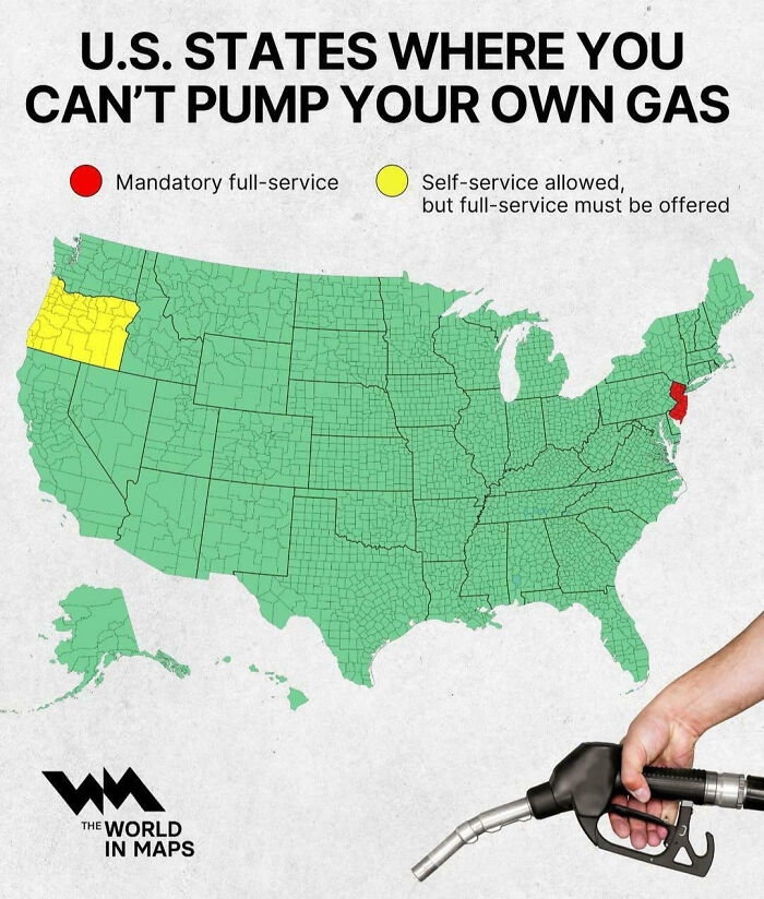 Map showing U.S. states with mandatory full-service gas stations and self-service options