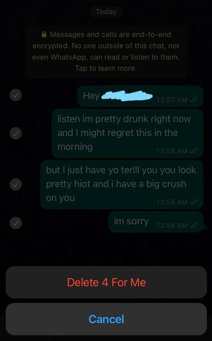 Awkward drunk confession text messages showing a big crush on WhatsApp chat screen