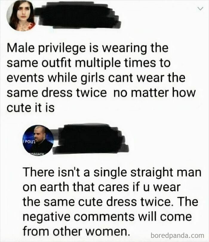 Text conversation discussing male privilege related to wearing the same outfit multiple times versus women's dress choices