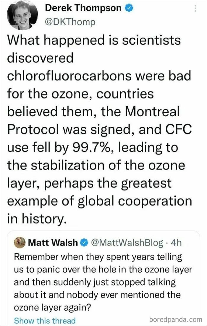 Tweet explaining ozone layer recovery from chlorofluorocarbons