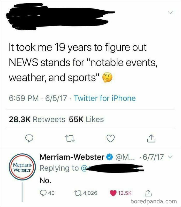 Tweet debunking that NEWS stands for notable events weather and sports