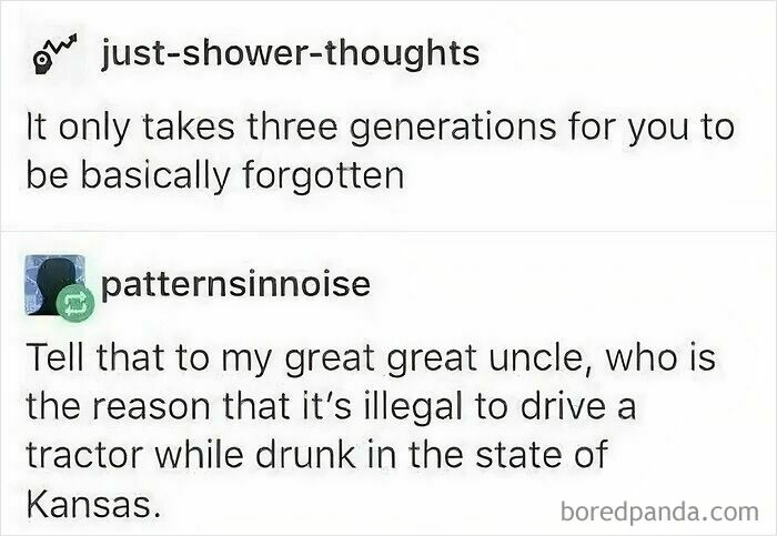 Text about being forgotten in three generations with a comment on a family legal anecdote