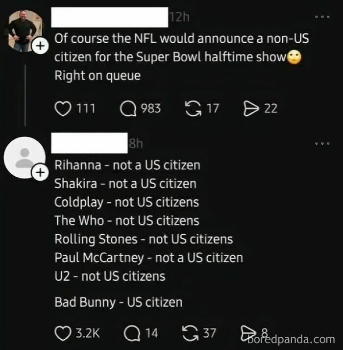 Tweet listing non-US citizen Super Bowl halftime performers