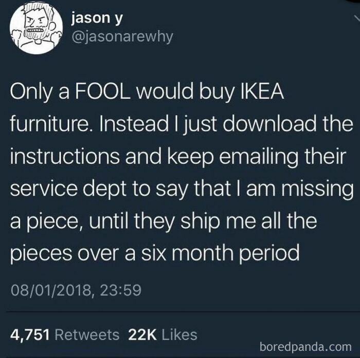 Funny tweet about avoiding IKEA furniture by emailing for missing pieces