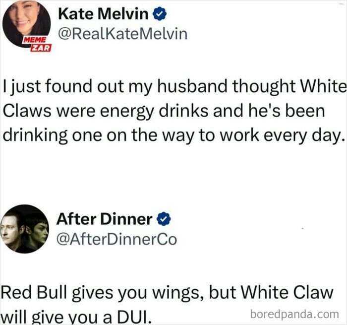 Tweet about misunderstanding White Claw as energy drink with DUI pun