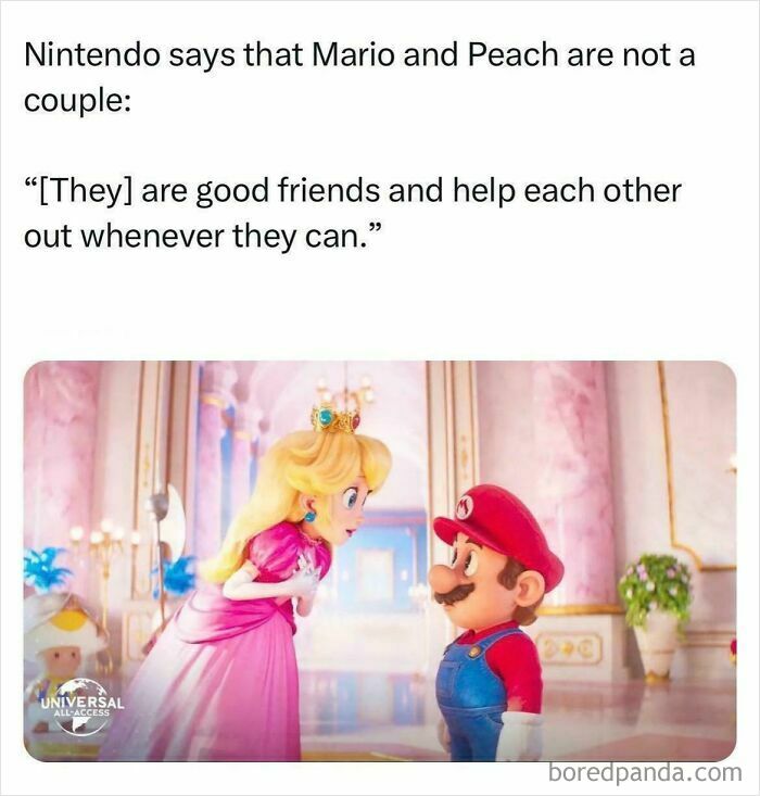 Image of Mario and Peach with caption denying they are a couple