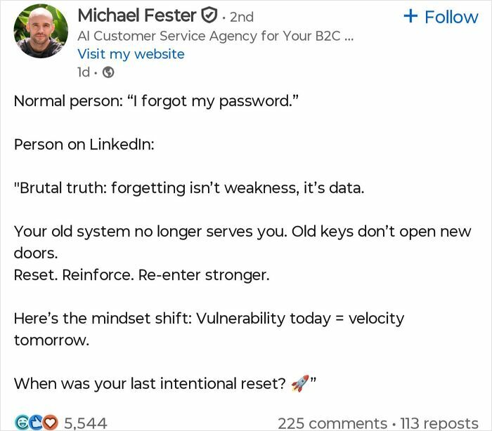 LinkedIn post on intentional reset and mindset shift for password forgetting