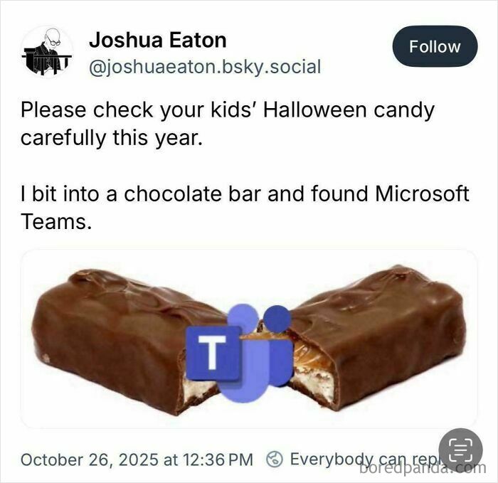 Tweet humorously linking Halloween candy to Microsoft Teams logo