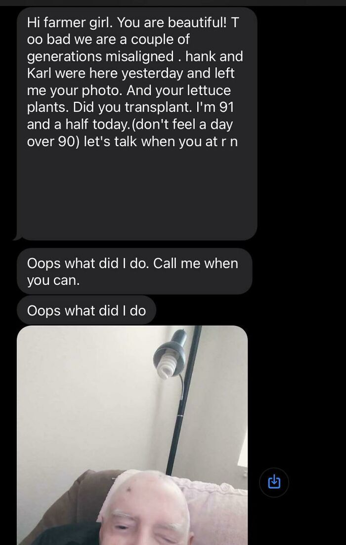 Text message from elderly man with photo and awkward greeting